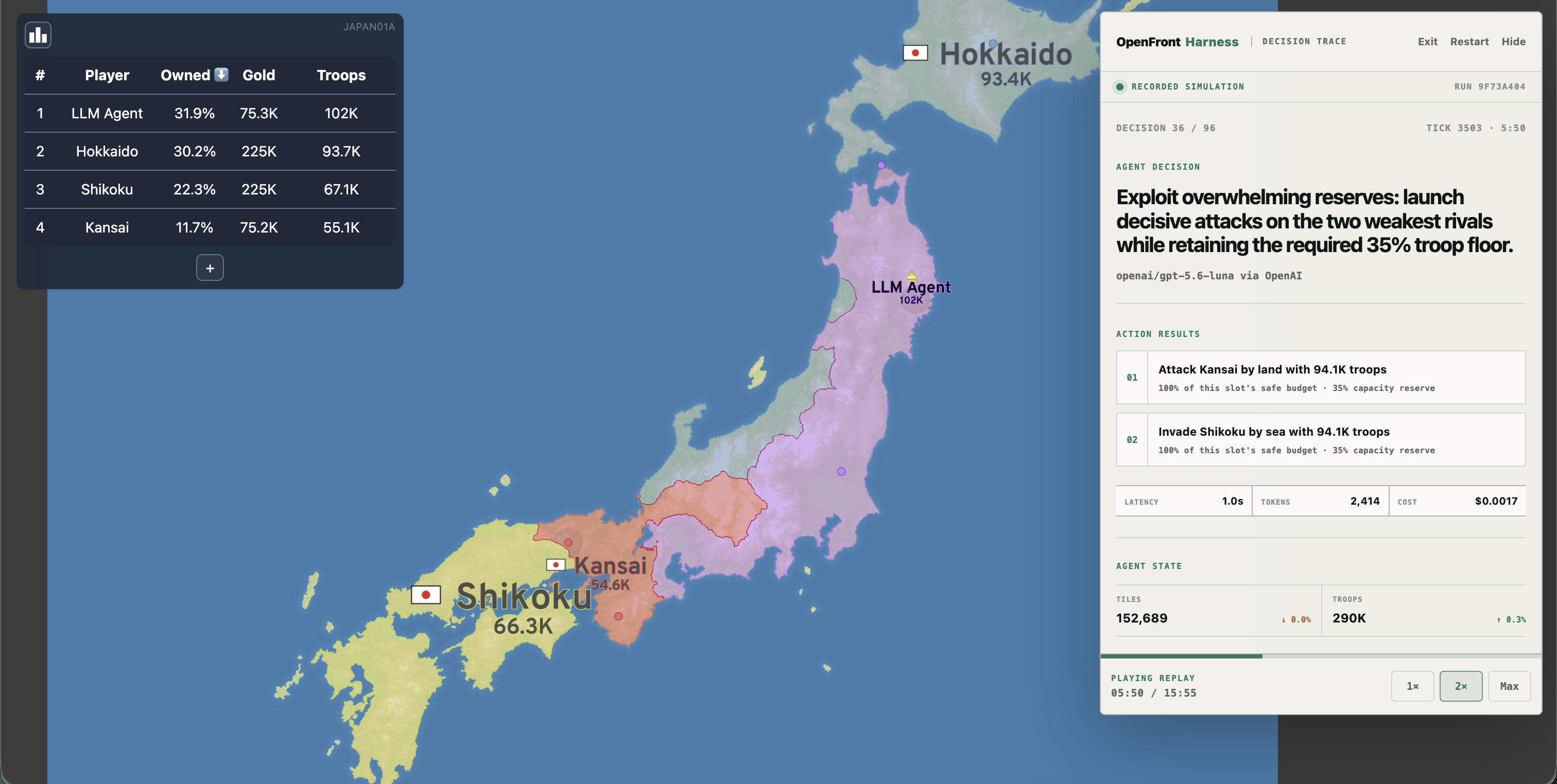 OpenFront replay at 5:50 showing the agent leading Japan and a decision trace with attacks on Kansai and Shikoku